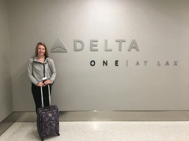 Elizabeth is excited for her first Delta One flight!