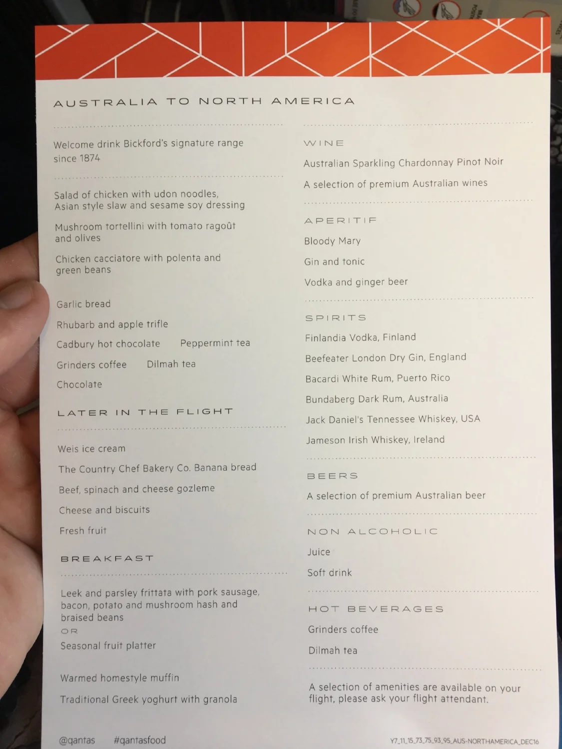 Qantas 747 Economy menu