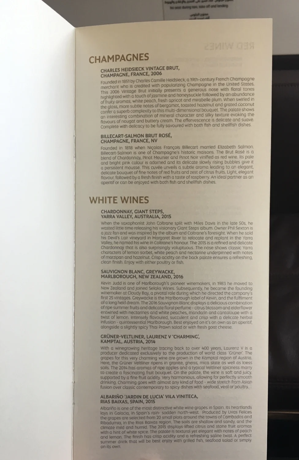 ETIHAD A380 FIRST CLASS MENU