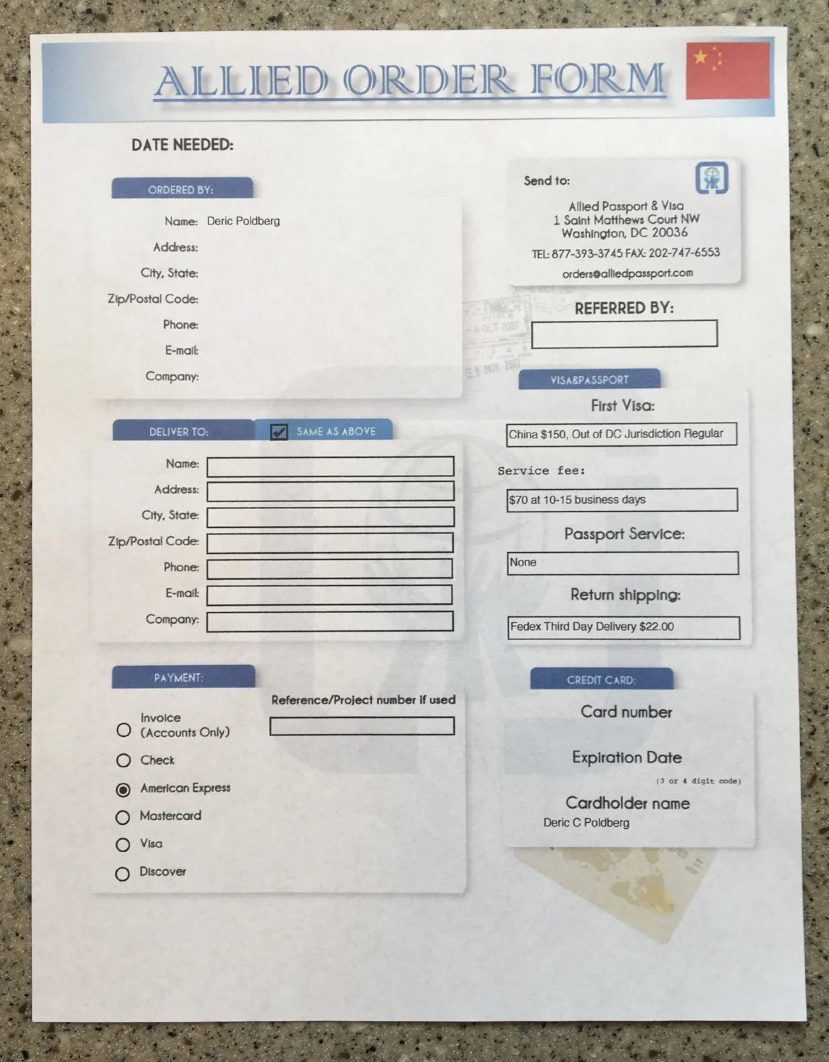 ONE ALLIED PASSPORT & VISA ORDER FORM
