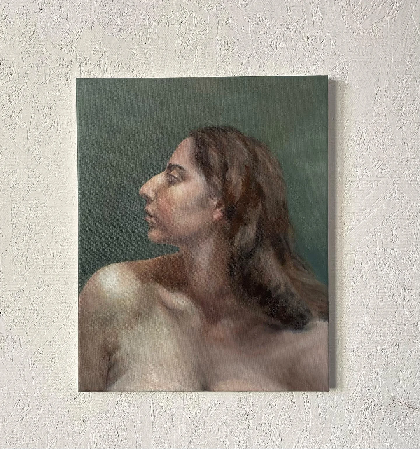 Another one that took ages and went through a large transformation. 

Also cute dogs always make art look better. 

Image Description:
Image 1: on a white wall is a self portrait oil painting of the artist Alice. She is a white woman in her late 20s 