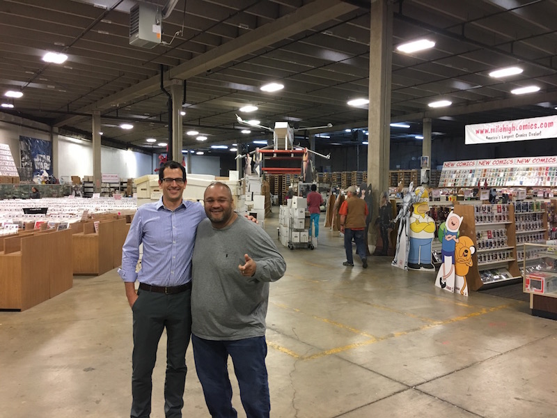 Gary and Leigh in the vast warehouse of comics