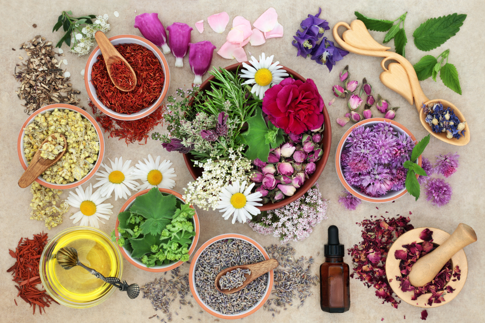 flowers, powders, and essential oils arranged in flat lay