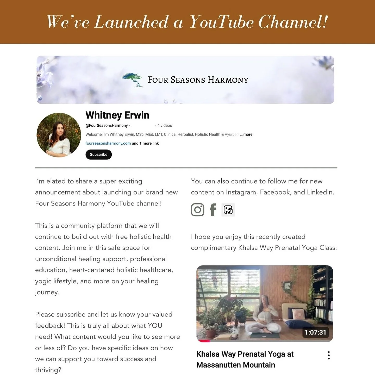 Friends, I&rsquo;m elated to share a very exciting announcement about launching our brand new YouTube channel for Four Seasons Harmony! &hearts;️🎊

Join me in this safe space for unconditional healing support, professional education, heart-centered 