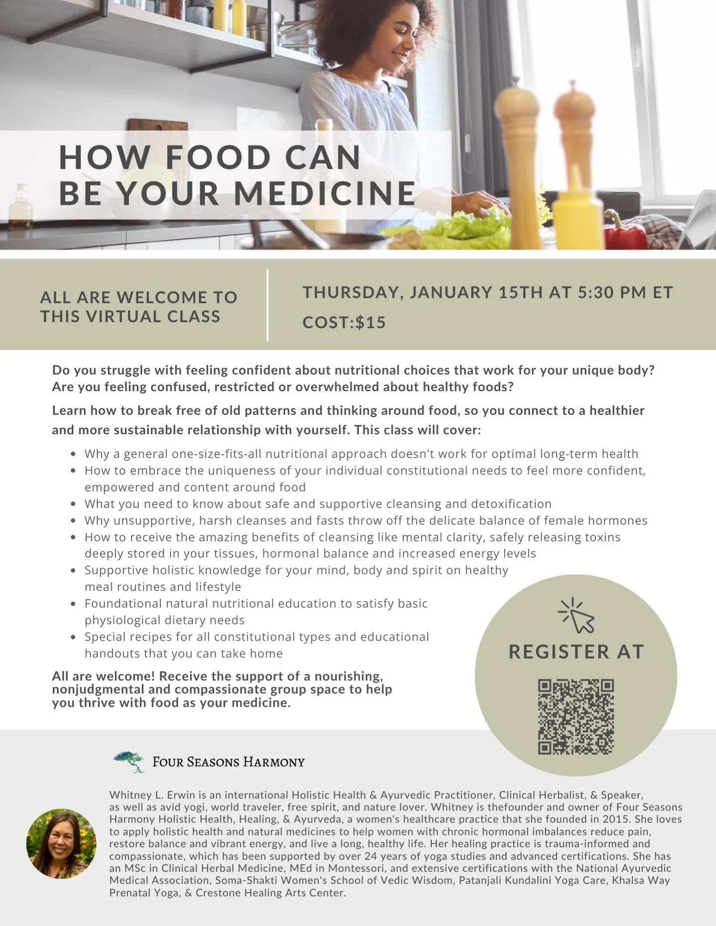 Special community class this week! Come nourish your body and higher self at &ldquo;How Food Can Be Your Medicine.&rdquo; 💚 

📍 Zoom Online 
🌿 Thursday, January 15th, at 5:30 pm 
🌸 Super affordable investment of $15 
🪬 Register on the Four Seaso