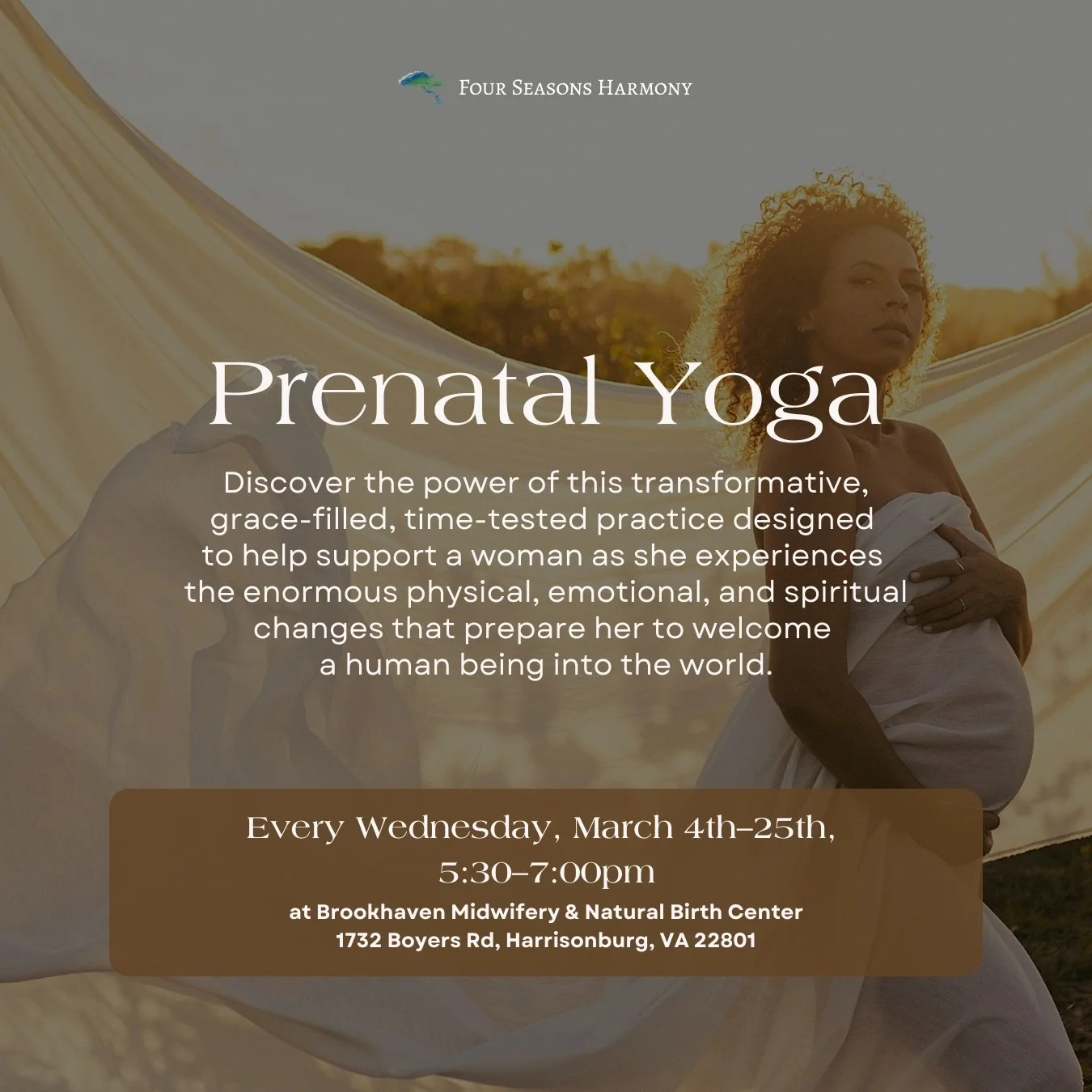 Our 4-class Prenatal Yoga series starts tomorrow on Wednesday, March 4th. I&rsquo;d love to connect with you there. ✨

📍 Brookhaven Midwifery &amp; Natural Birth Center @brookhavenbirth 
⭐️ March 4 - 25 
🪬 Register via Eventbrite:
https://www.event