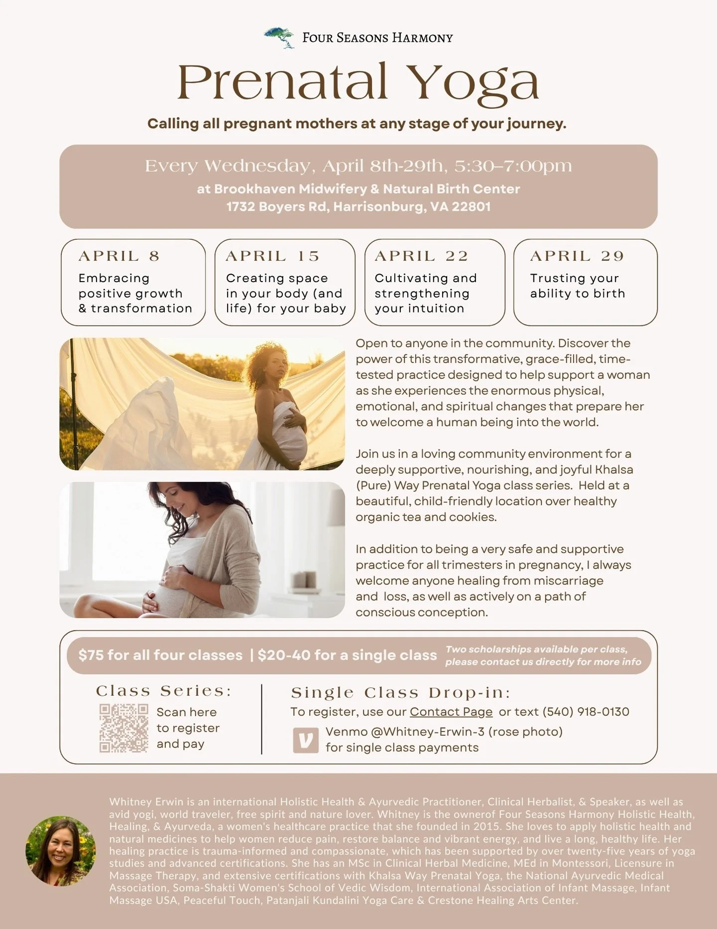 By unanimous request from our current amazing group of pregnant mamas, we&rsquo;ll continue regular Prenatal Yoga classes with the next series beginning on Wednesday, April 8th. Please feel welcome to join our beautiful community. I&rsquo;d love to c