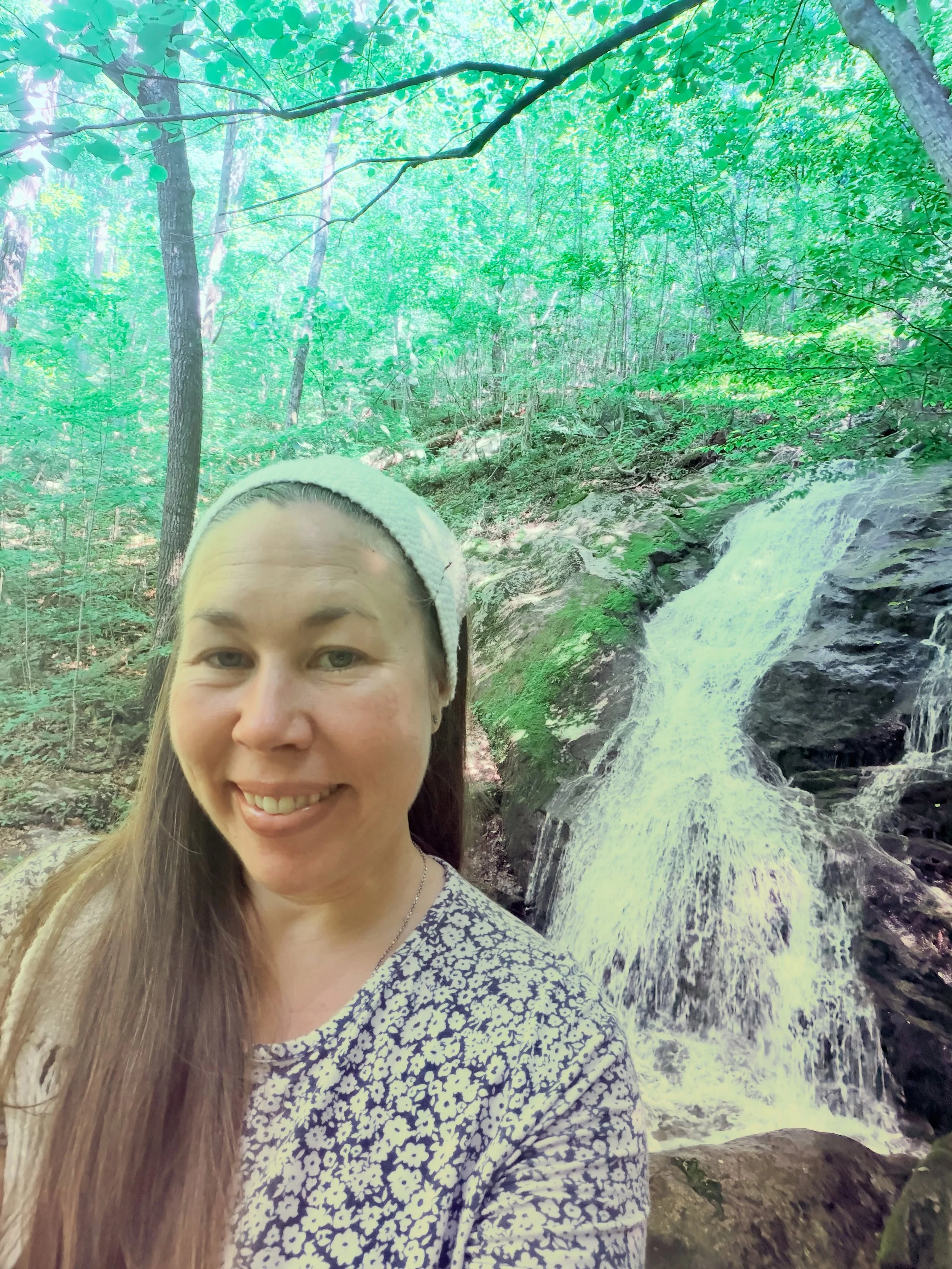 In my element climbing up a mountain at gorgeous Crabtree Falls, backdropped by stunning native purple-flowering raspberry, hydrangea, rhododendron and mountain laurel blossoms. I absolutely love listening to the sound of waterfalls throughout the en