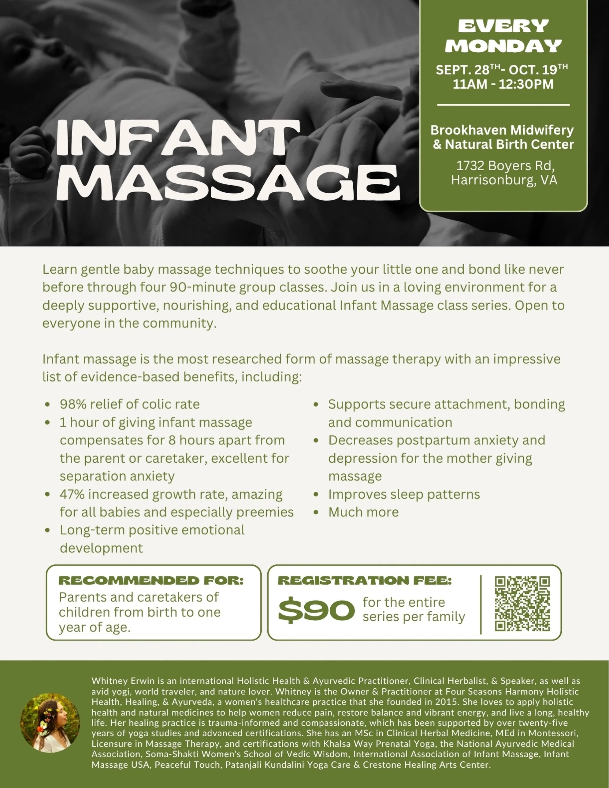 Beautiful community, I warmly invite you and your loved ones to attend a nourishing, educational, and supportive Infant Massage class series starting next Monday! ✨

📍 Brookhaven Midwifery &amp; Natural Birth Center @brookhavenbirth in Harrisonburg,