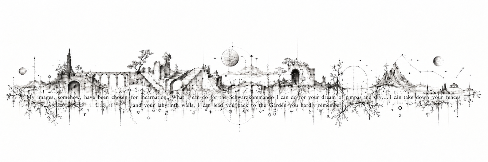 Surreal black-and-white landscape surrounding a quotation about images, the Schwarzkommando, a dream of pampas and sky, and returning to a half-remembered Garden.