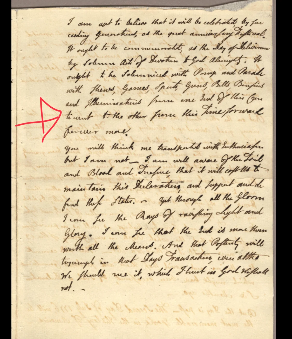 The red arrow is pointing to the line where Adams calls for “...illuminations from one end of this continent to the other from this time forward forever more.” Source: Adams Family Papers: An Electronic Archive. Massachusetts Historical Society