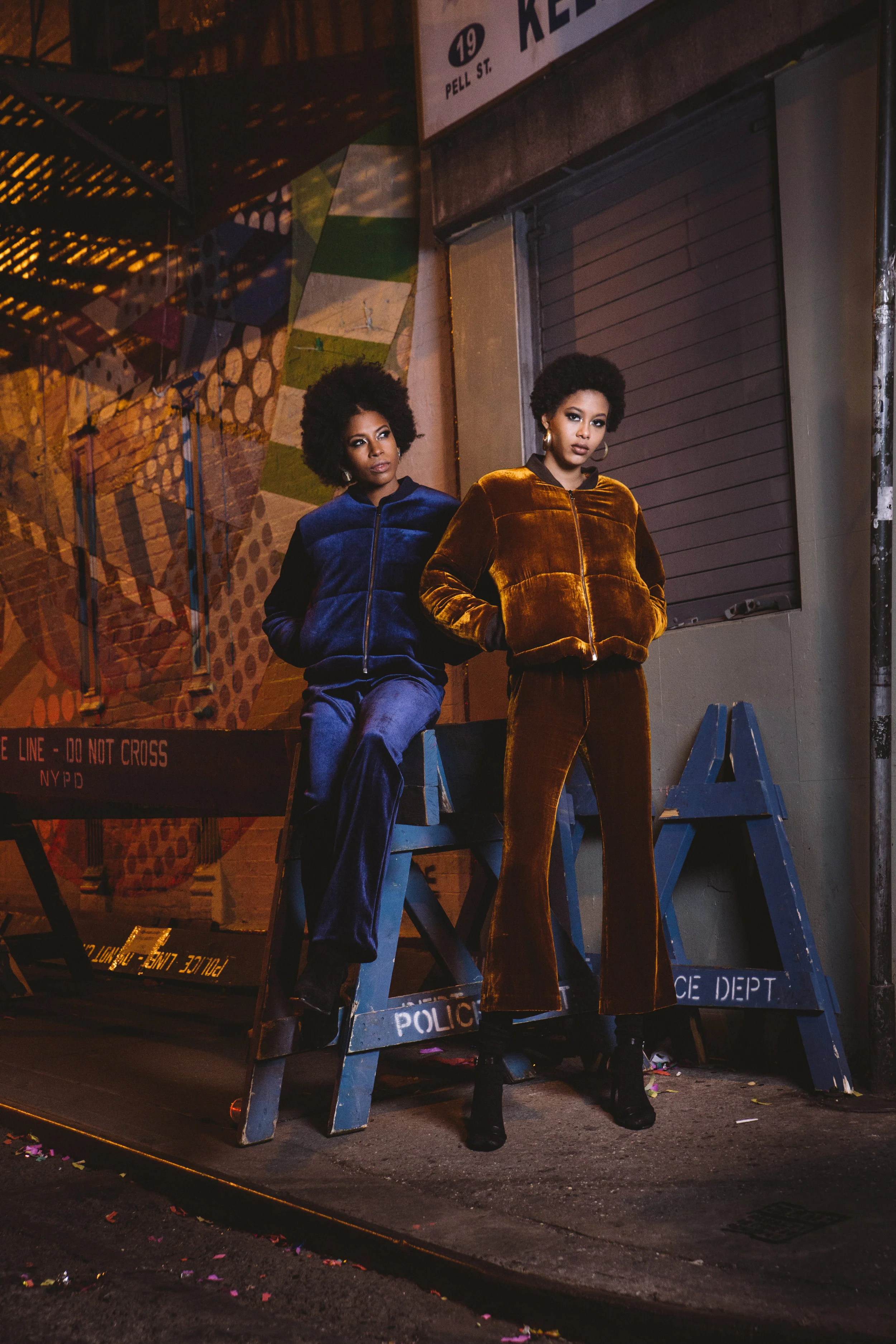 JAYNE Velvet Puffer Jacket in Navy on model