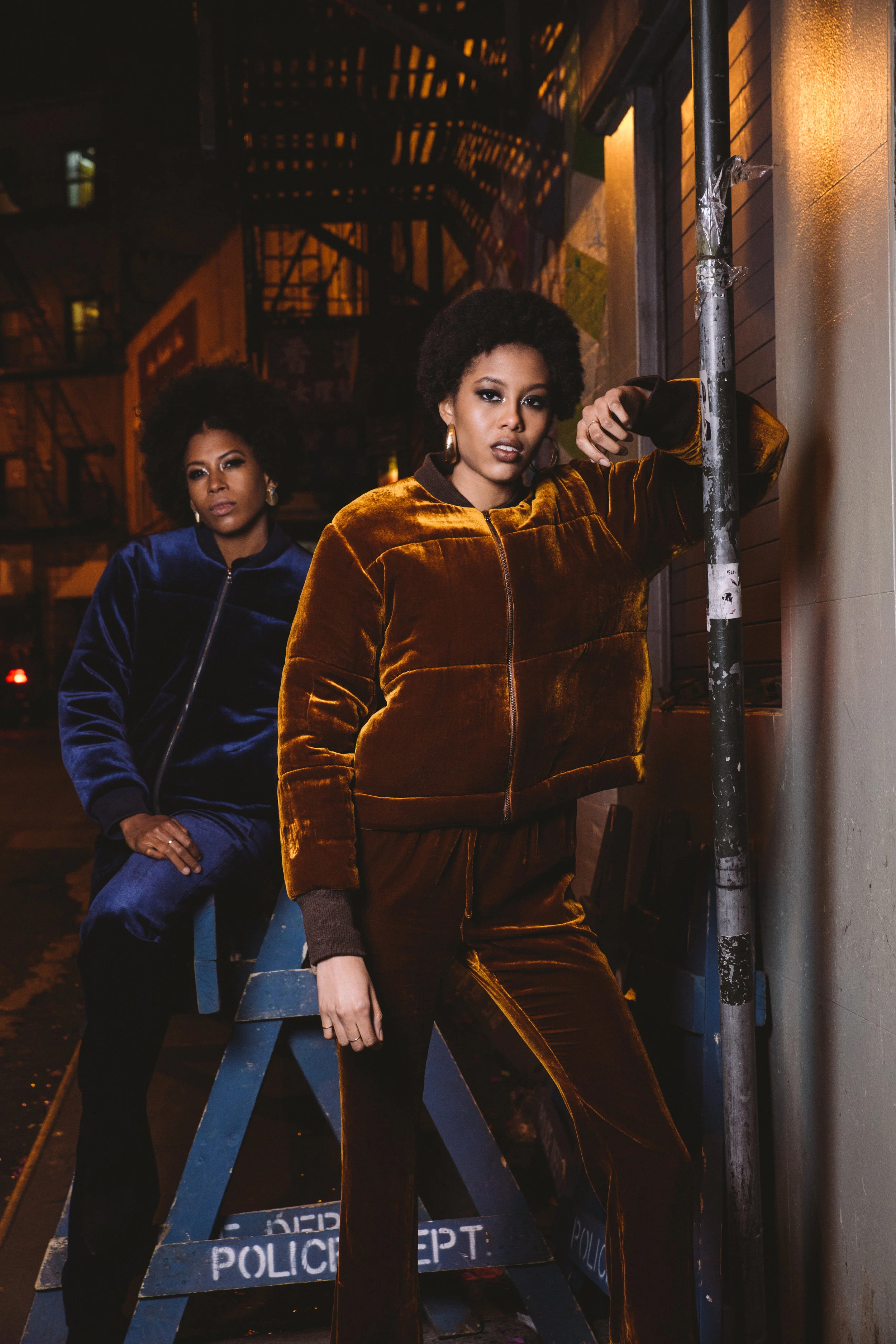 JAYNE Velvet Puffer Jacket in Dark Caramel on model detail vew