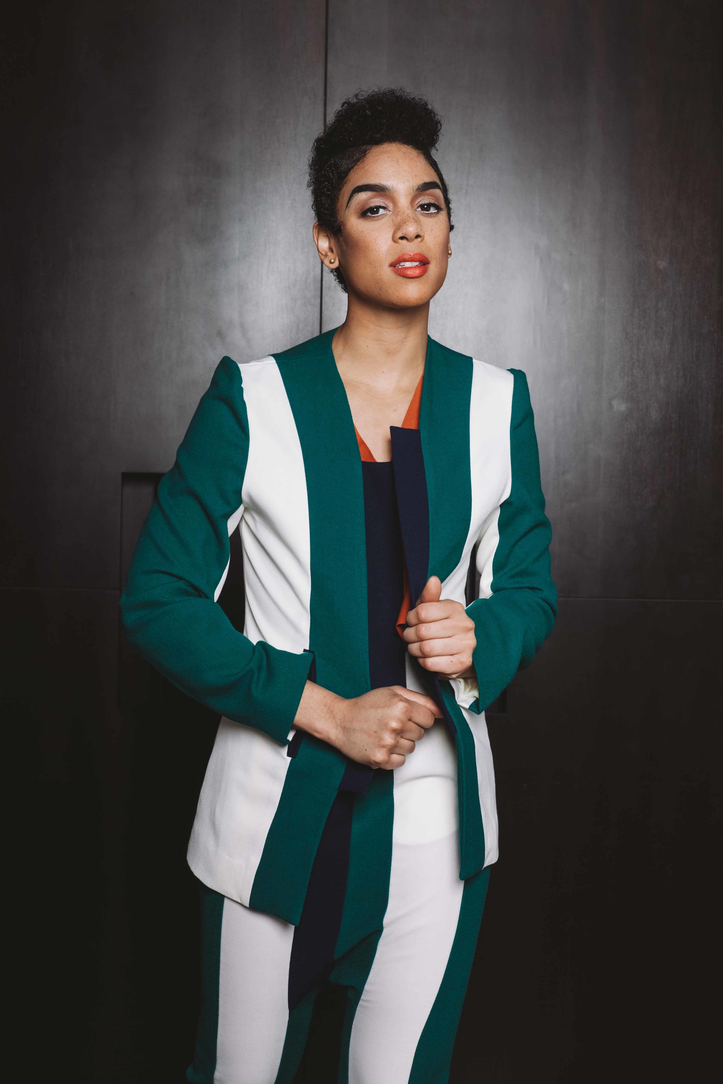 Color blocked SHELLY Blazer on model front view