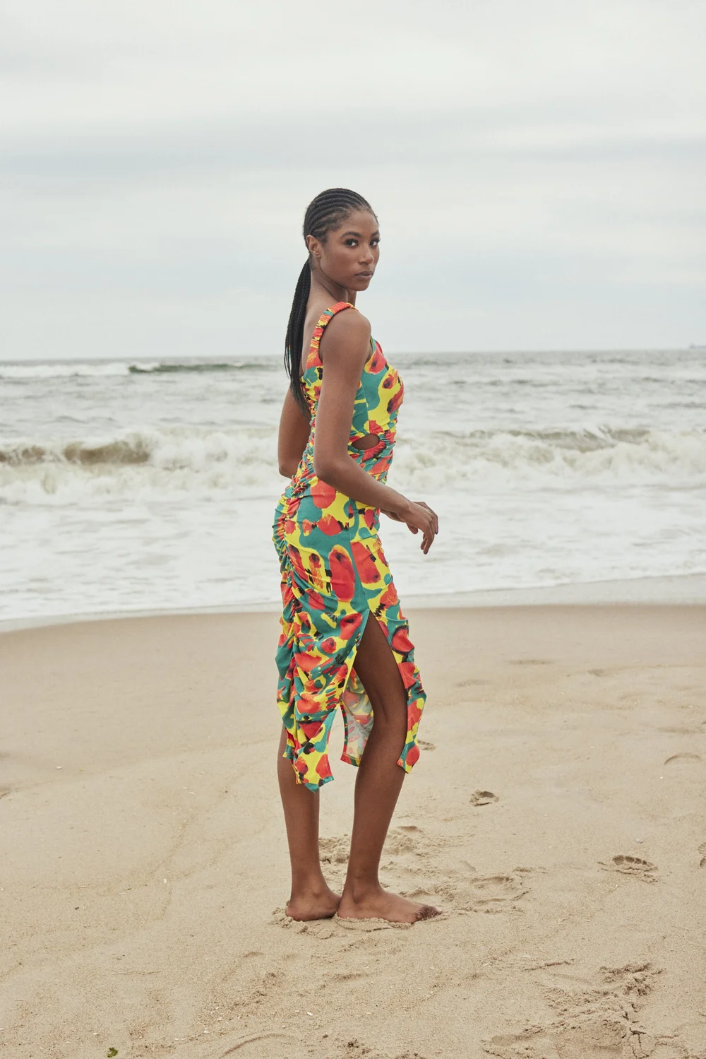 Ali Ruched Printed Midi Dress - Teal Dot | MARRISA WILSON New York