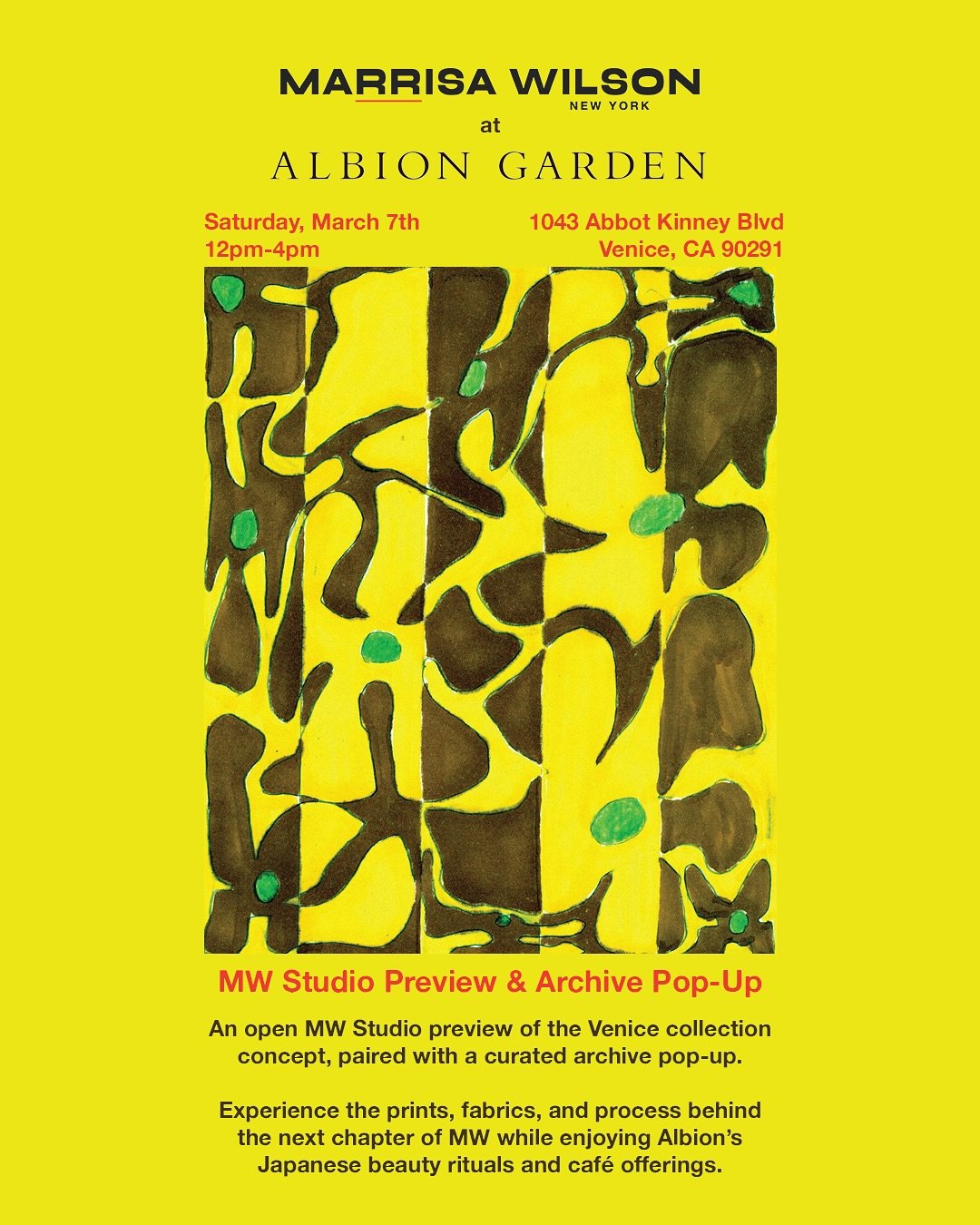 MW Studio is coming to Albion Garden on Abbott Kinney, March 7 💛.

I&rsquo;ll be previewing the Venice concept and presenting the next chapter of MW &mdash; sharing the boards, prints, fabrics, and process &mdash; and inviting the neighborhood into 