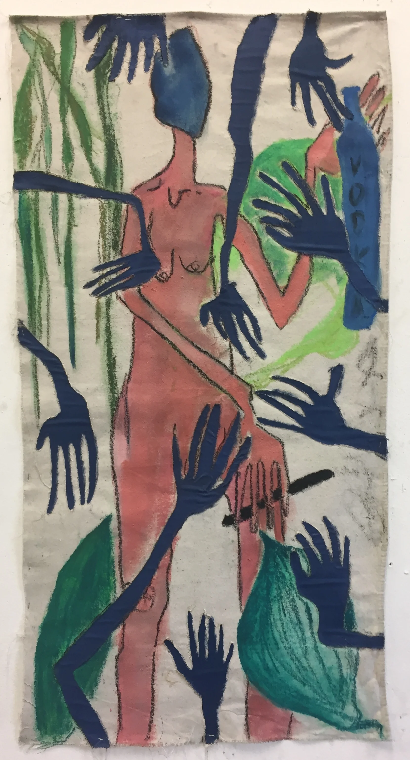 "Asleep in the Garden", 2016, 30x50 in, oil, oil pastel, and thread on raw canvas