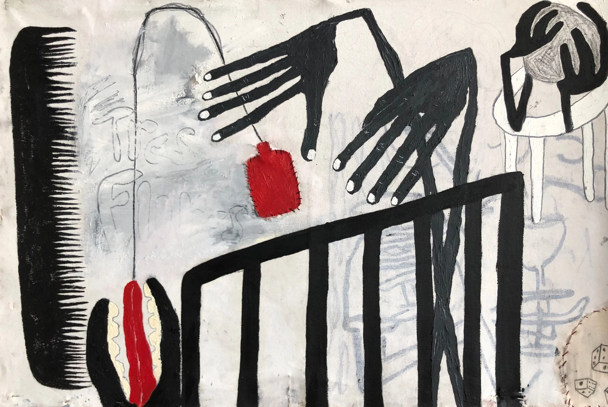 “Tres Flores (hospice)” 2020, oil, charcoal, and thread on canvas