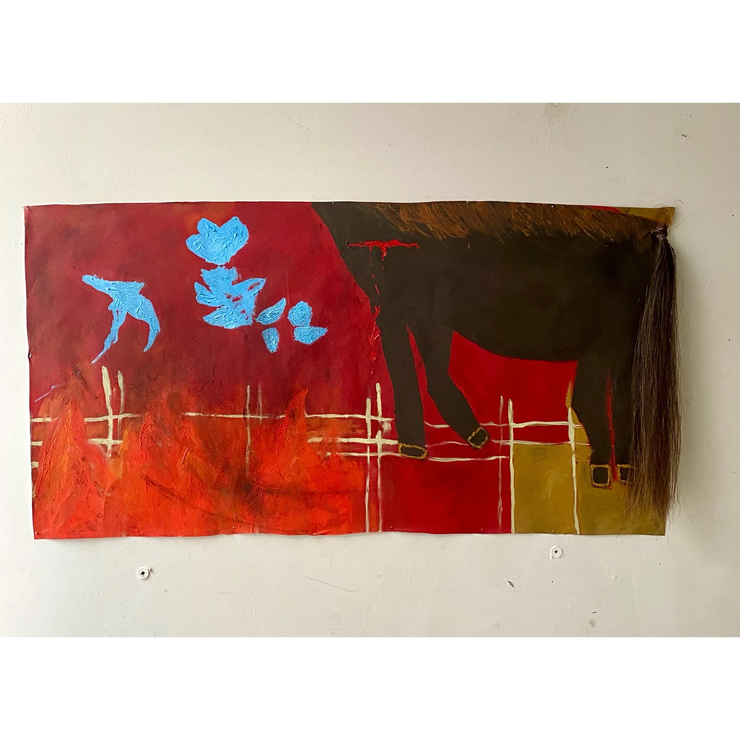 “Dallas Trailer Fire”, 2021, oil and horse hair on canvas