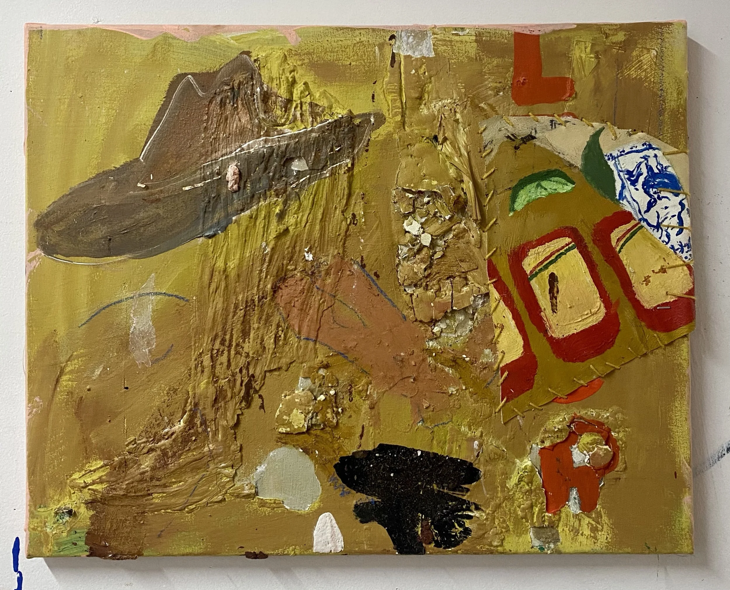 "Desert Clown, Urban Cowboy," 2022, oil, acrylic, and found material on canvas, 16 x 20”