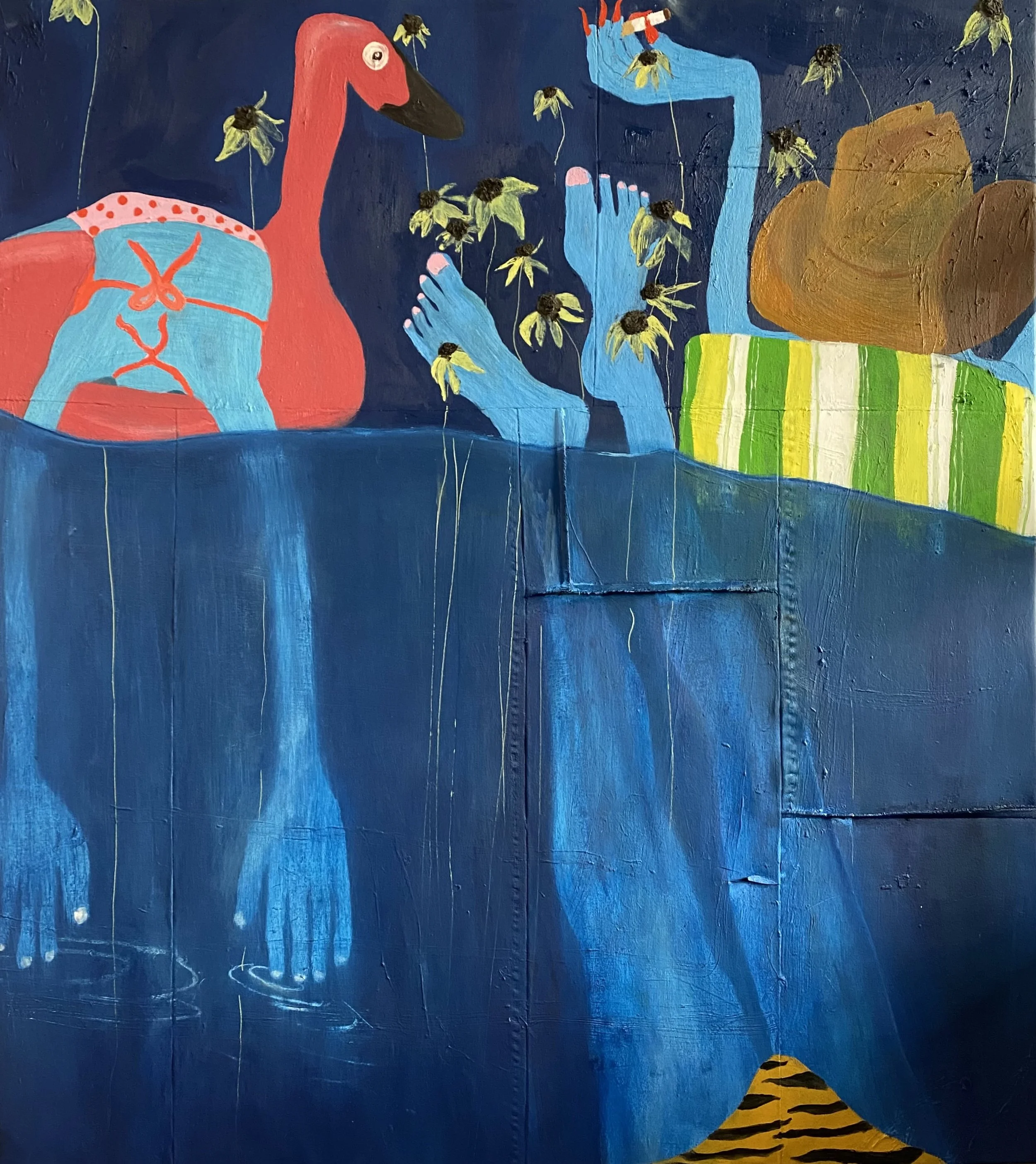 “Bathers,” 2023, oil and plaster on sewn canvas, 48 x 54”