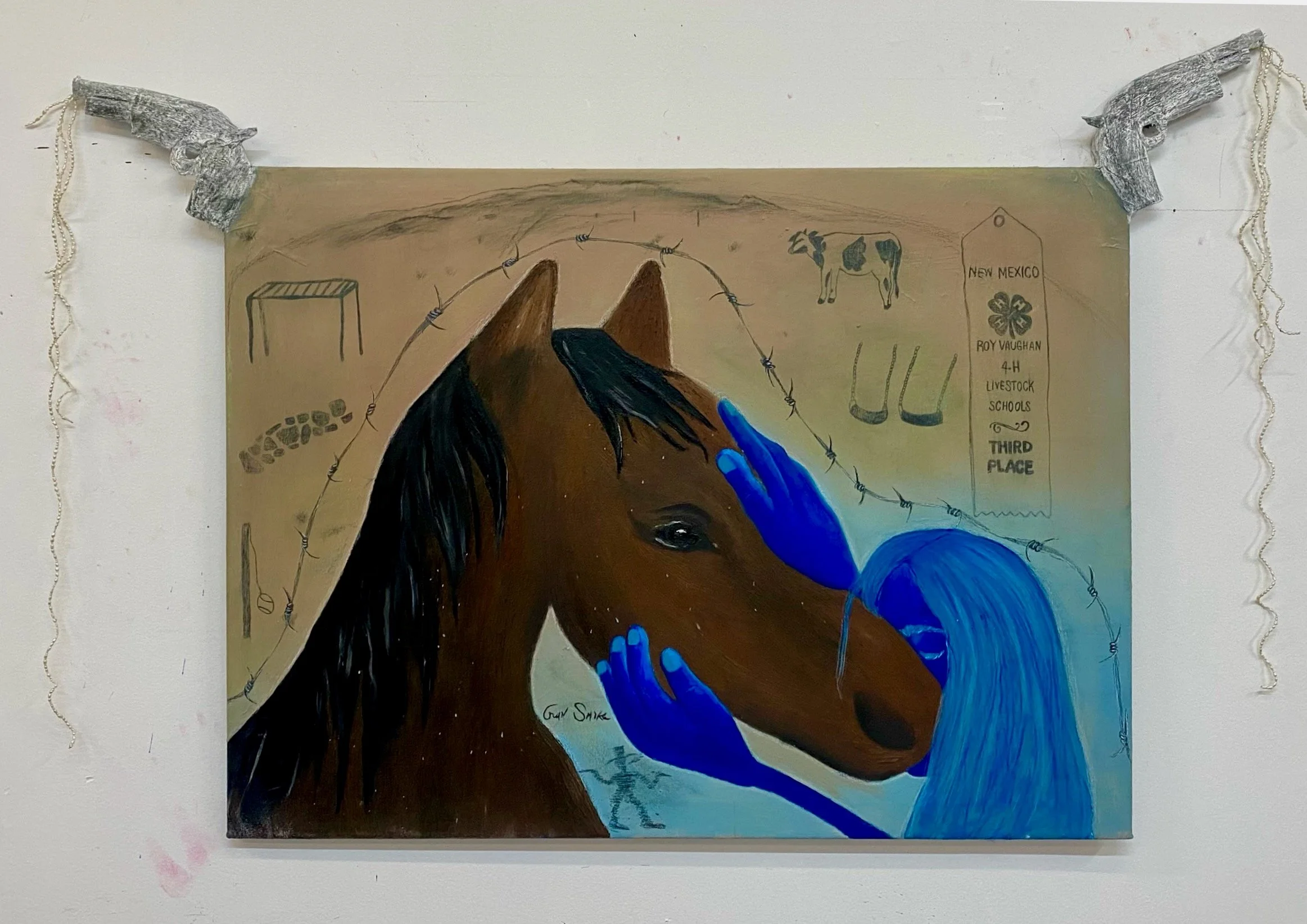 "Gunsmoke," 2024, oil, paper mache, graphite, and pearls on canvas, 52" x 25"