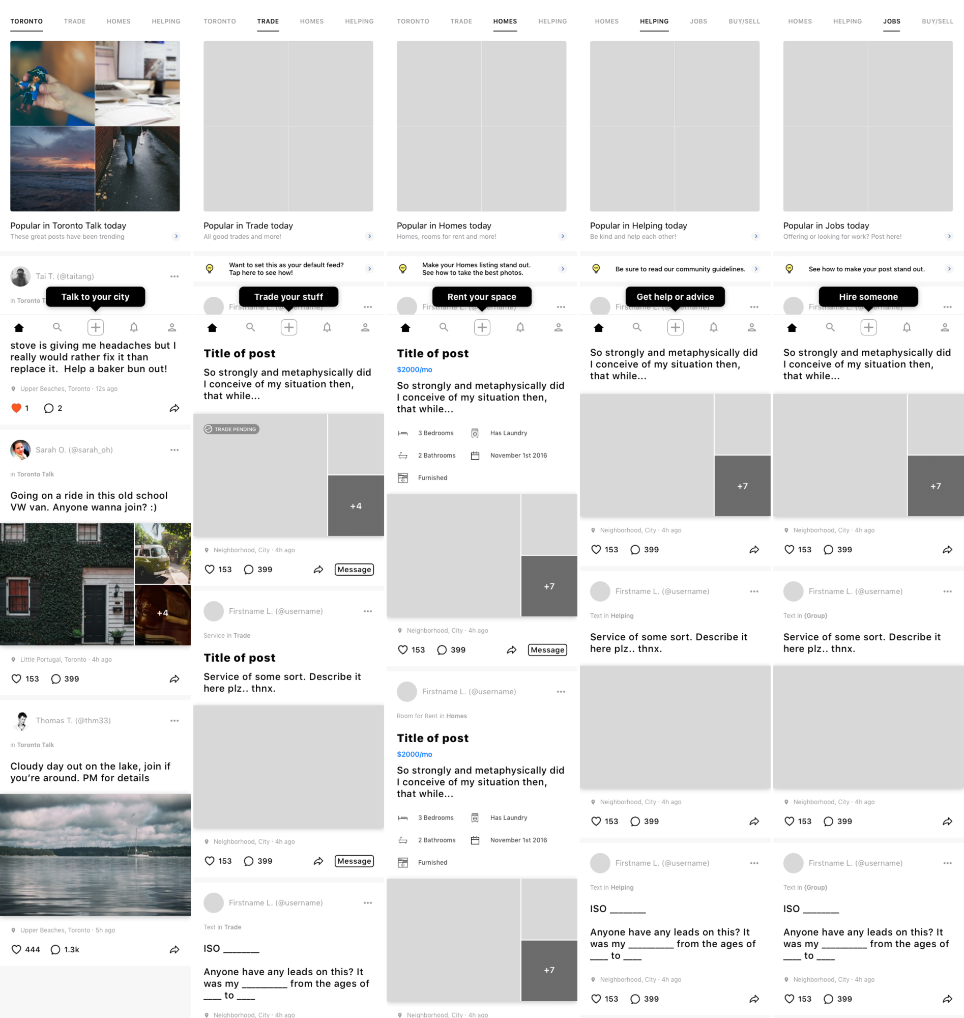 In March 2017 I opted to simplify the Home screen to show larger tabs right on the top and since our core business funnel was to get users to create post it was decided internally to show large tooltips on top of the create post button. There was also pressure from investor(s) to focus on “social” posts since those were the stories that the media was picking up. To accommodate this we collectively decided to put the “talk” feed first — suffice it to say the social play didn’t work, the amount of backlash from the community we received was insane. It also affected retention for the first 3 months in production. New features coming down the pipeline were show to all users via the tips section which linked to our blog for some of the zones: http://blog.bunz.com/ — this was surprisingly well received by the Bunz community.