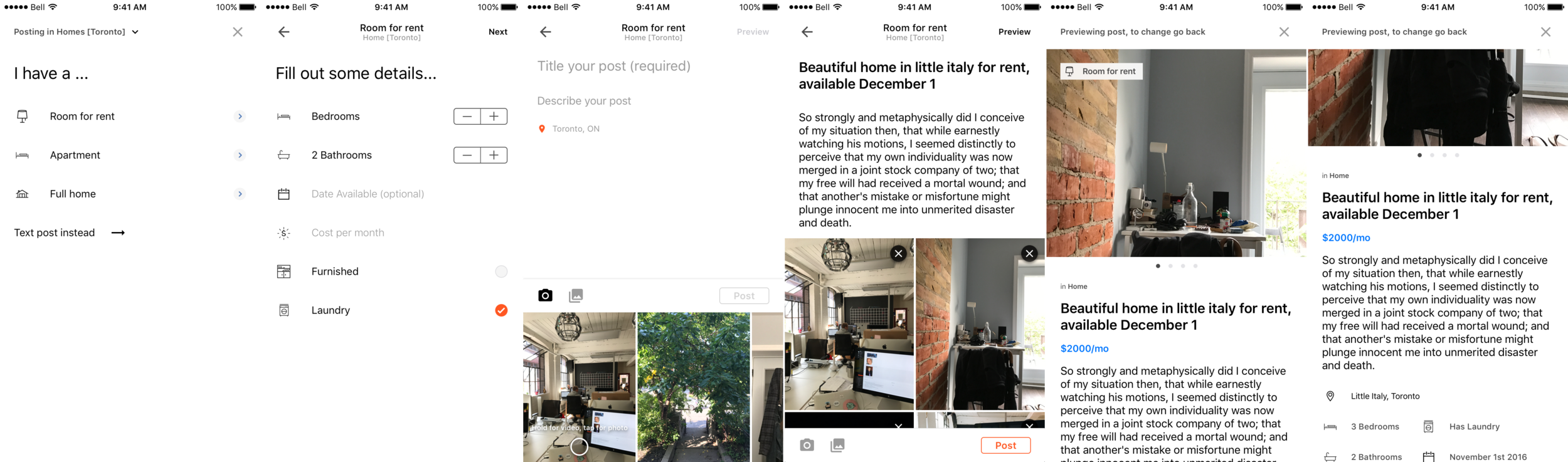 Similar to the trade create flow but with added parameters. The user needs to specify what type of home post it is — Room for rent, Apartment or Full Home. Through research we found most Bunz members are offering/looking for sublets averaging around $800/month in rent. There are high end properties as well which appeal to the “young professional” but mostly the target is cheaper rentals.