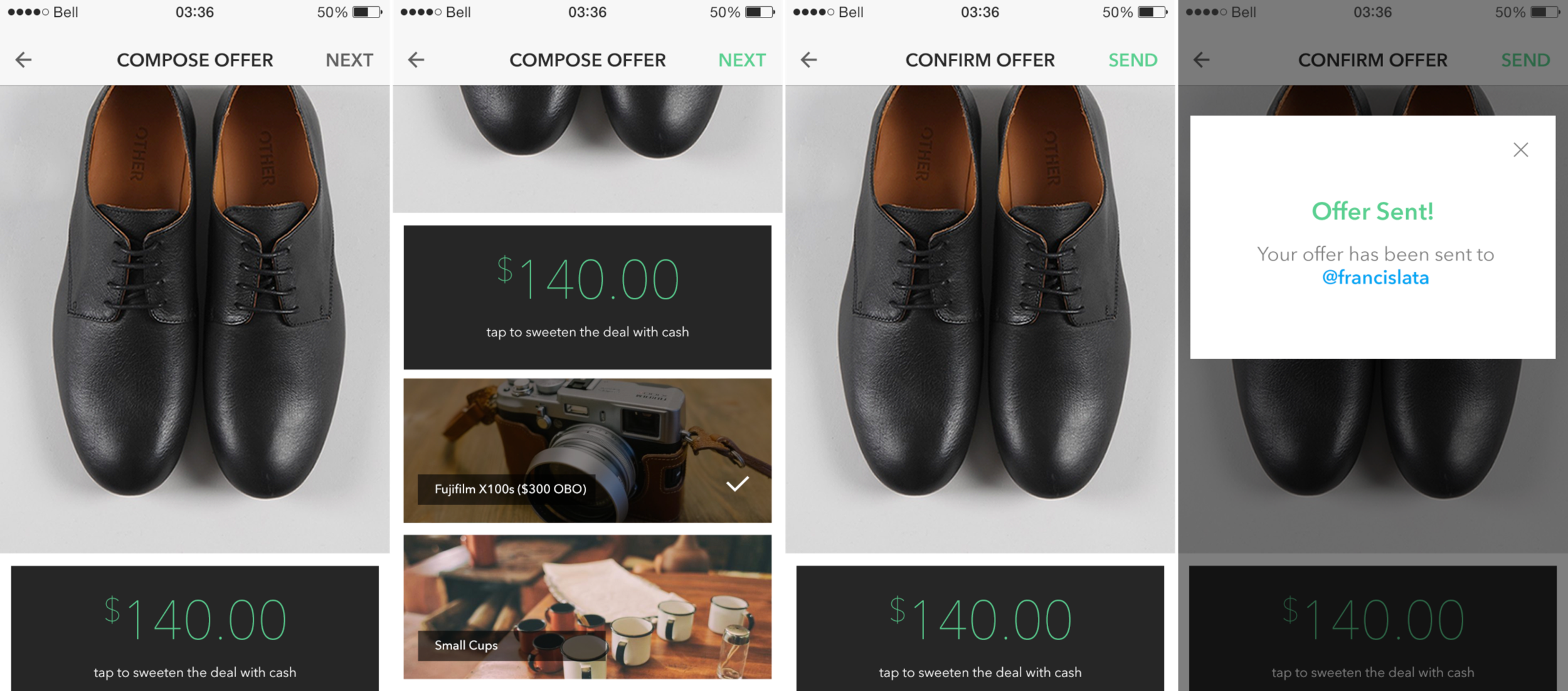 Offer flow. If you could offer an item and also cash on something you wanted but didn’t want to outright buy, would that be enough of a reason to use this app? The value of the seller’s item and the value of your offer as a buyer was left up to each respective party to judge independently. The app just pre-filled the cash input box with the value of the seller’s ask for that item, if it was a trade item without a price attached then the value would be $0.