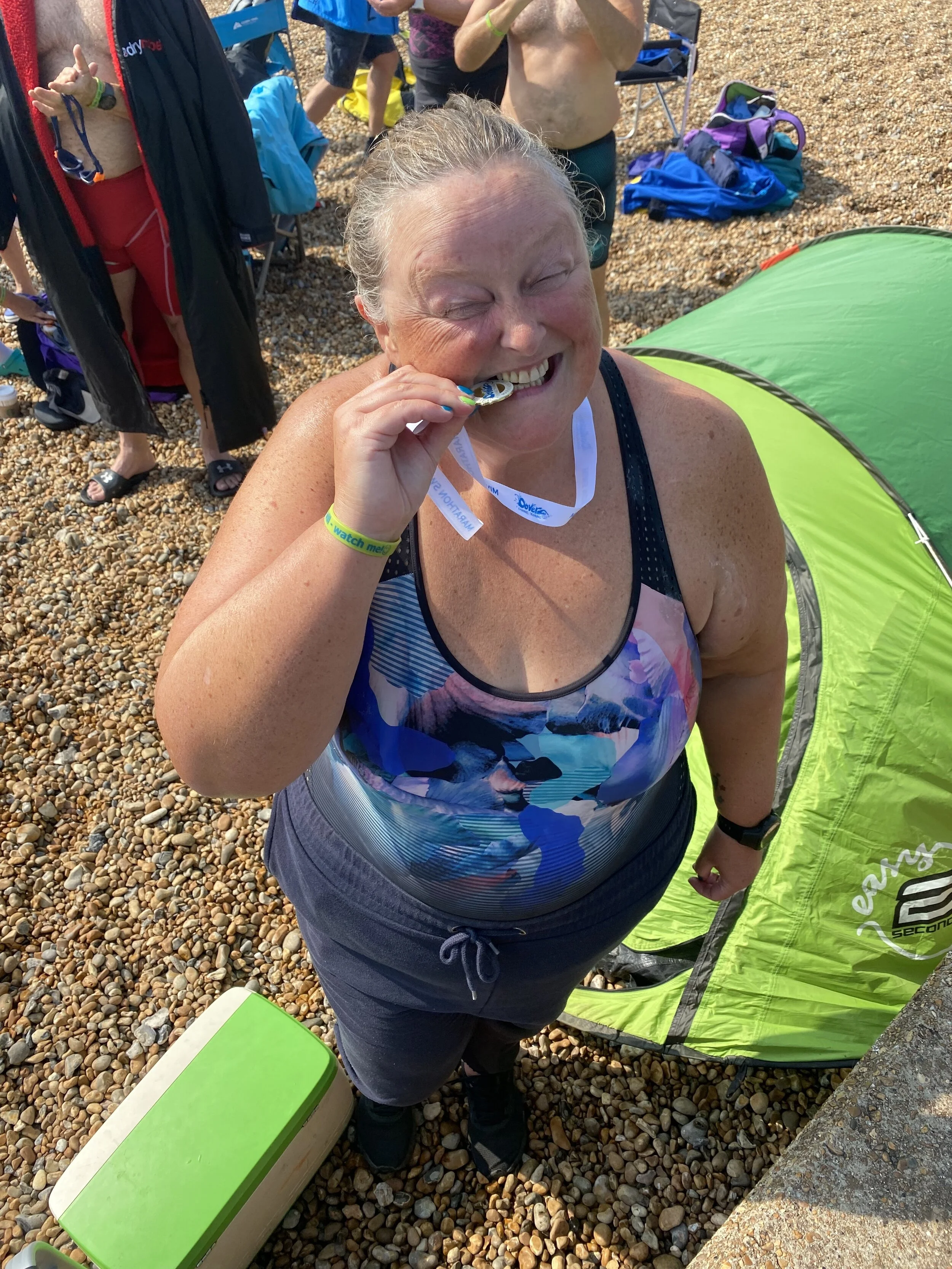 Helen after her medal earning Windermere swim (the day after Ullswater)