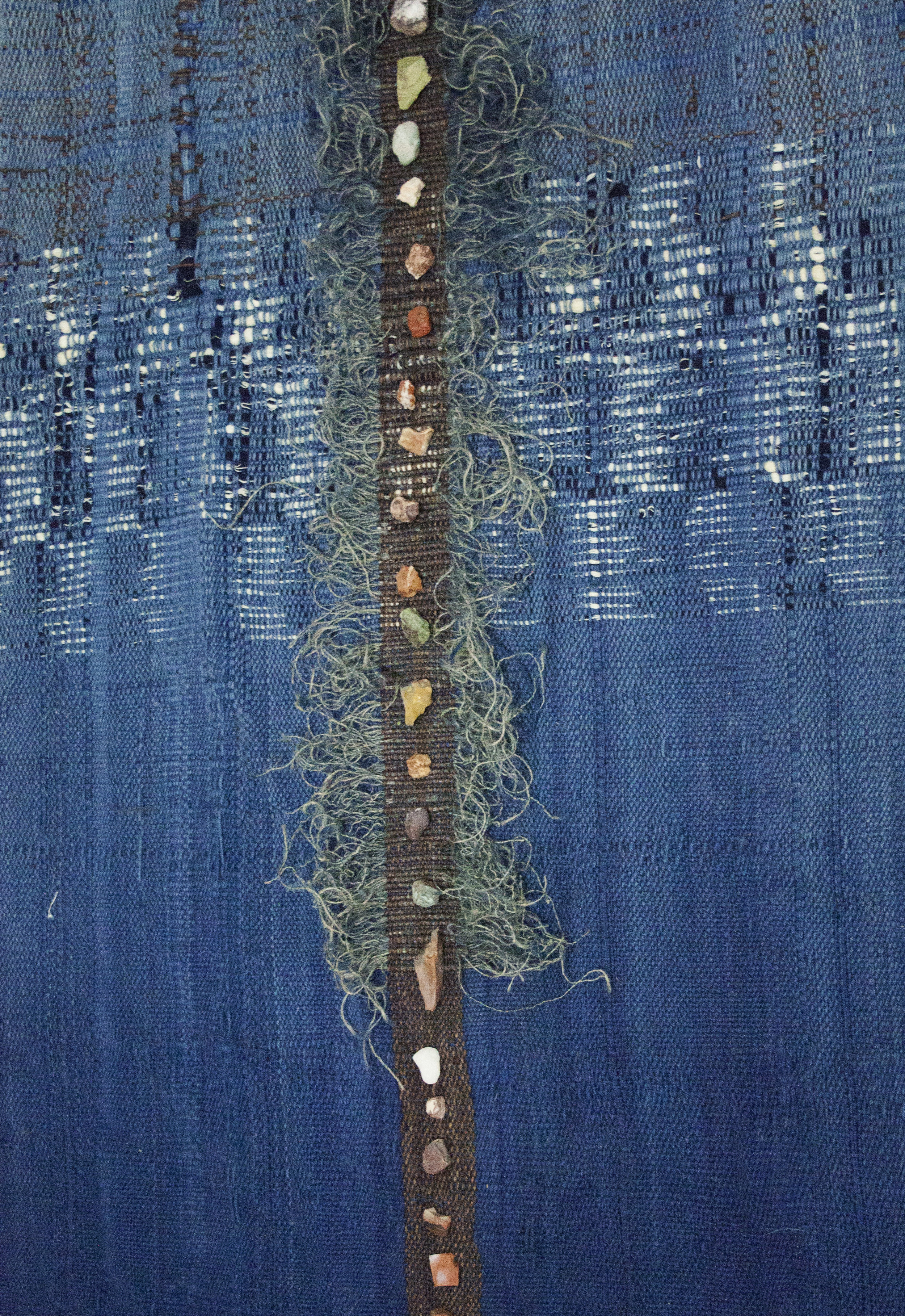 unraveled indigo burlap weft, (found) ikat supplementary weft, sunburst indigo ombre warp 