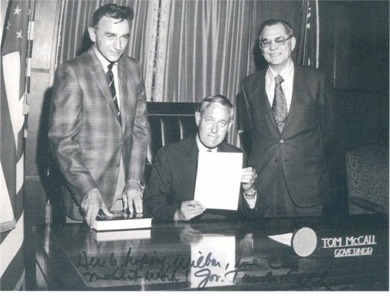 Photo of Wilbur E. Ternyik with Governor Tom McCall and Al Flegel, 1971,creating Oregon Coastal Conservation & Development Commission OCCDC). Governor McCall wrote on the bottom of the photo: “Here is hoping, Wilbur, we can make it work! Gov. Tom McCall.”