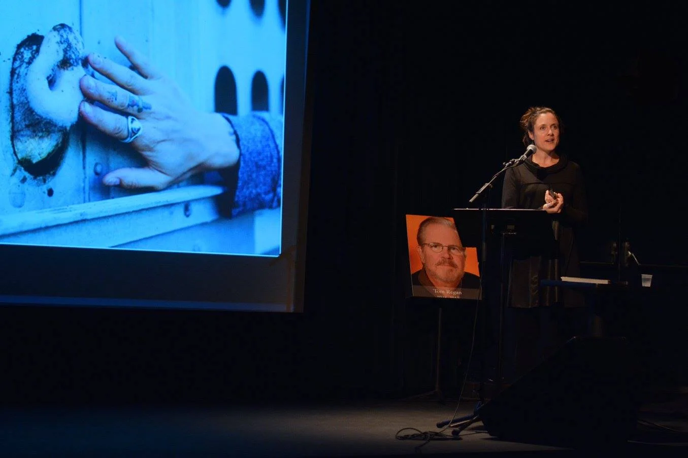 Photojournalist Jo-Anne McArthur , founder of We Animals , and Culture & Animals Foundation grantee and board member, talks about her work on animals in zoos and aquaria at the Compassion Arts & Culture and Animals Festival , October 21, 2017. Photo by Emily Lavieri-Scull — with Jo-Anne McArthur .