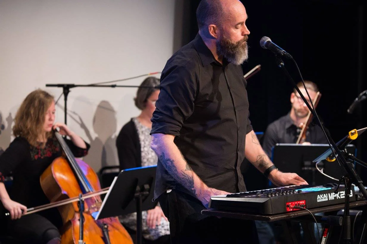 Musician and multiinstrumentalist (and CAF grantee) Michael Harren with his string quartet at the Compassion Arts & Culture and Animals Festival , October 22, 2017. Photo by Jo-Anne McArthur — with Michael Harren at Leonard Nimoy Thalia .