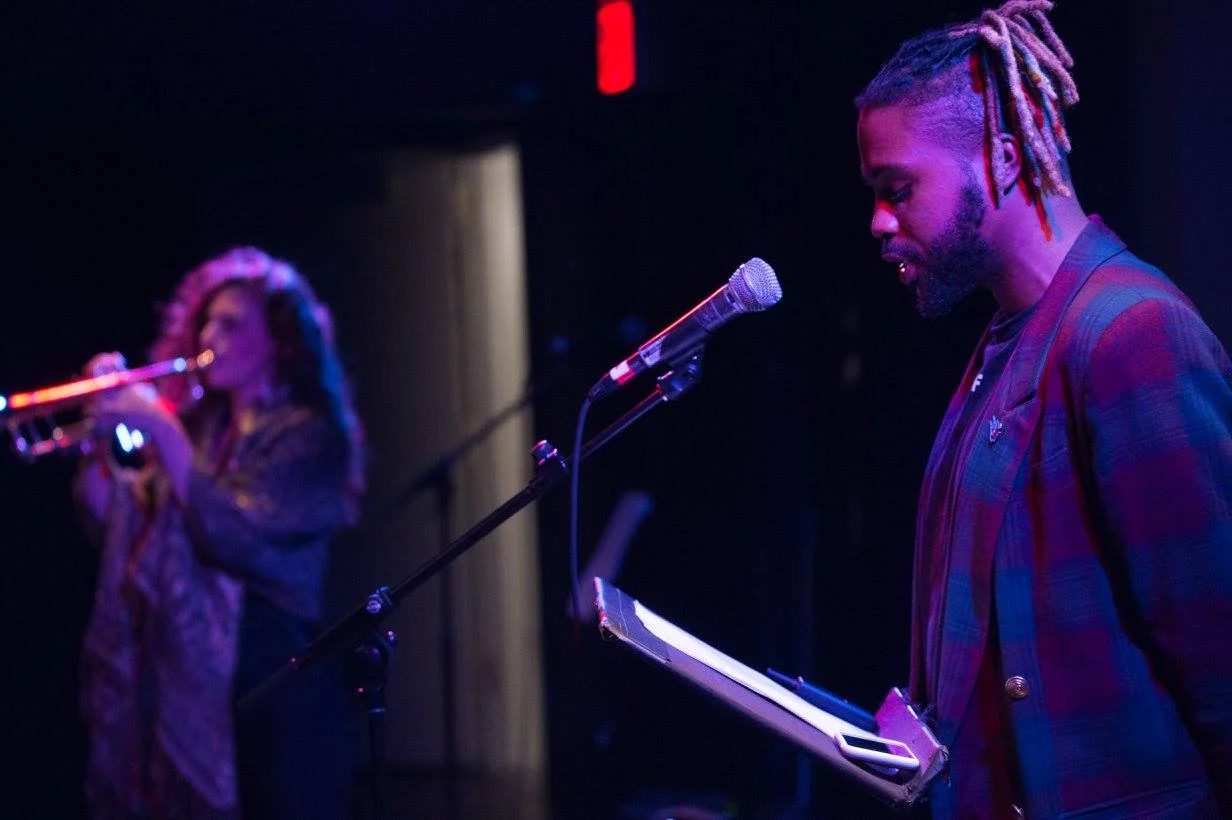 Donald Vincent (aka Mr. Hip Presents: Reading Series) performs with trumpeter Alexandra Jordan at the Compassion Arts & Culture and Animals Festival, October 22, 2017. Photo by Jo-Anne McArthur
