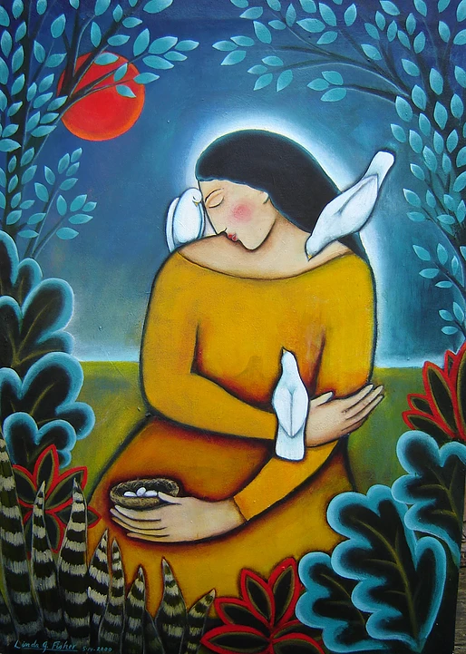 Compassion Arts Festival 2015 painting “Red Moon & Women with 3 Doves by Linda G. Fisher