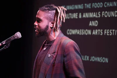 Donald Vincent (aka Mr. Hip Presents: Reading Series) performs his poems at the Compassion Arts & Culture and Animals Festival, October 22, 2017. Photo by Jo-Anne McArthur
