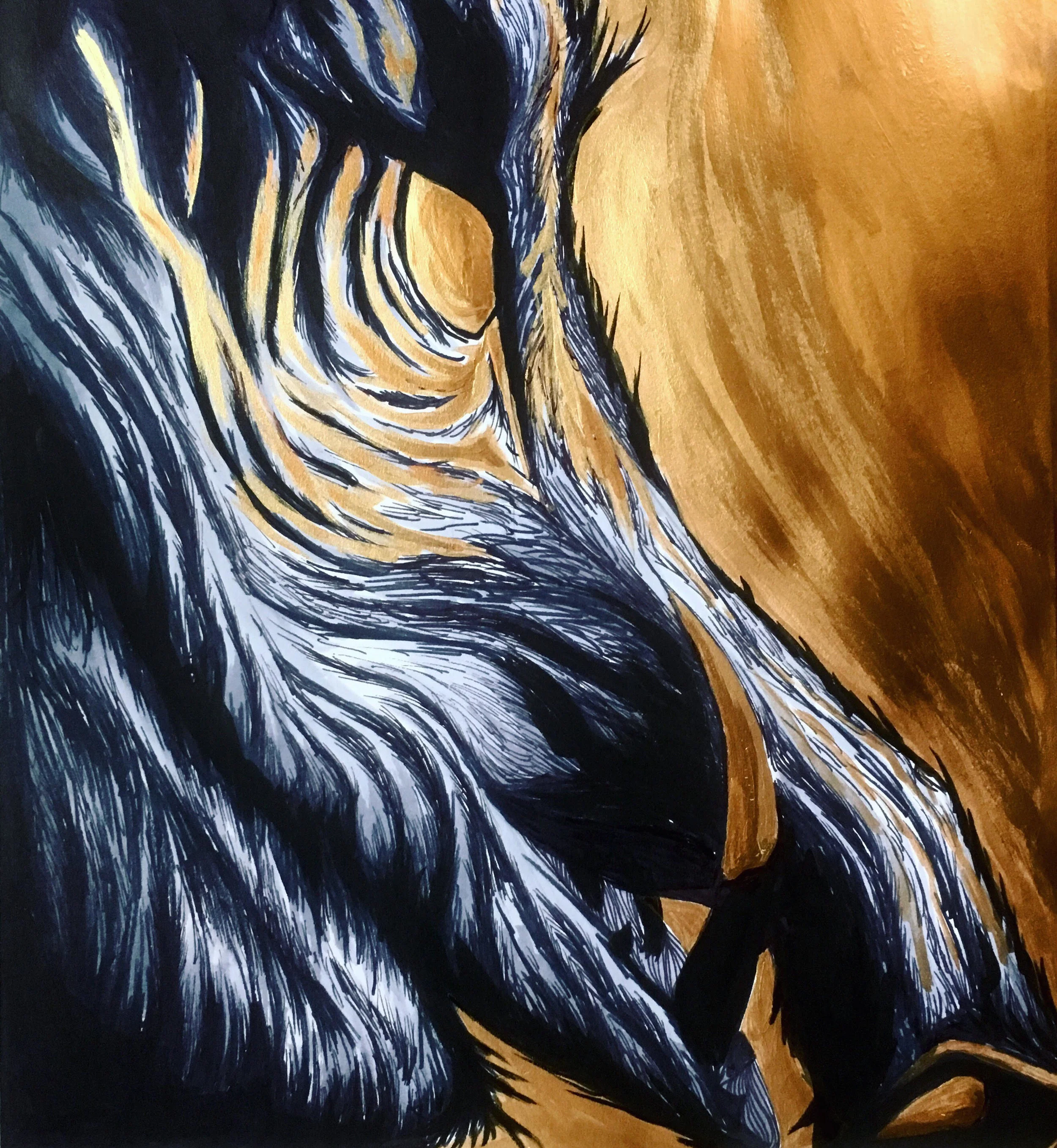 Grendel/Boar-spirit, created October 2018 for Gods and Monsters gallery show. 11x17, marker, ink, and gold paint.