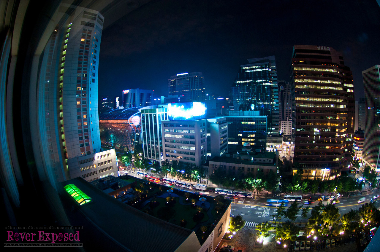 the view from our room at Lotte, the building on the left with the odd shape is City Hall