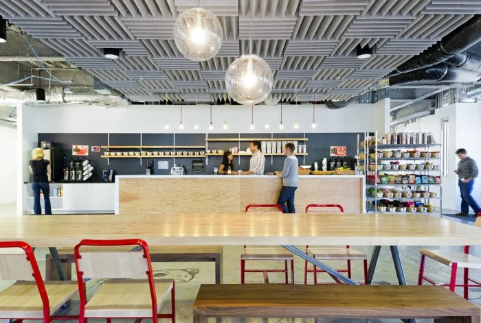 Facebook`s breakout space featuring a fully equipped food counter