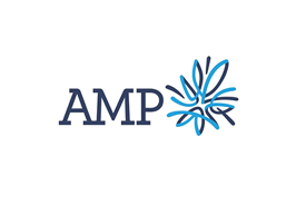 AMP logo with stylized blue lotus flower