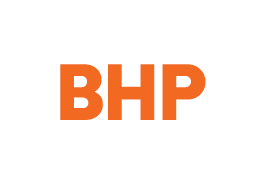 BHP logo with orange letters on a white background.