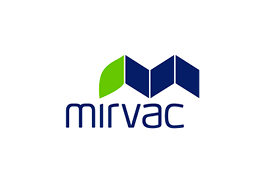 Mirvac logo with stylized green and blue geometric shapes and the word 'mirvac' underneath