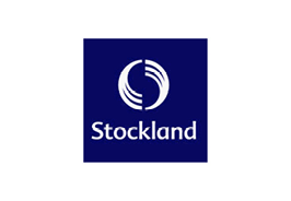 Logo for Stockland, a white circular emblem with stylized lines on a blue background and the word 'Stockland' underneath.