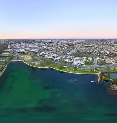 A wide aerial panorama of the Mandurah Eastern Foreshore in Western Australia.