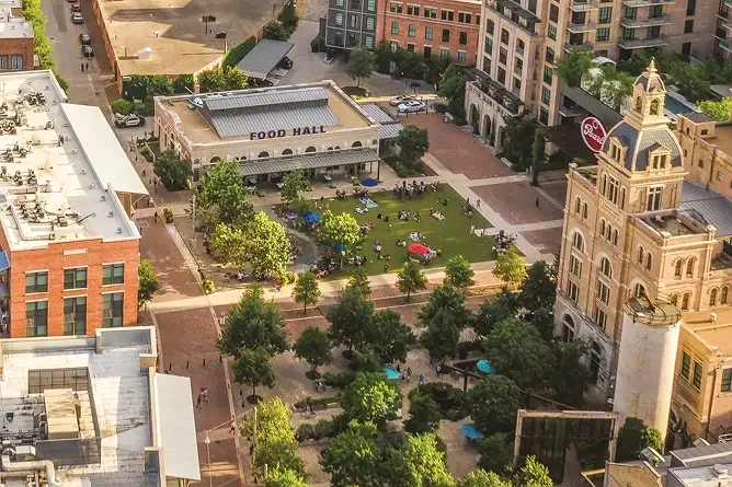 Aerial view of the historic Pearl District plaza in San Antonio