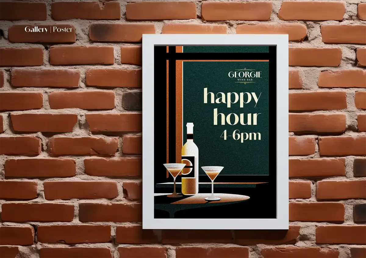 Poster advertising Georgie Wine Bar's happy hour from 4 to 6 pm, featuring an illustration of a wine bottle and two martini glasses on a table, with a green background and modern design elements.