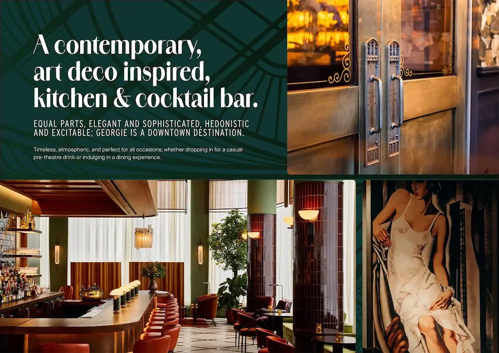 A poster advertising a modern art deco inspired kitchen and cocktail bar, featuring an elegant bar area, a wooden door with brass handles, and a vintage-style woman mural. Georgie Wine Bar Mantra Bond Street Sydney