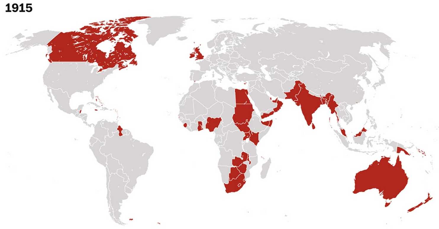 The British Empire as of 1915 (Hong Kong indicated at the southern end of China)