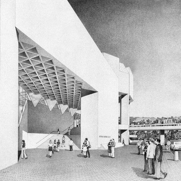 Artist's impression of the Gallery's main entrance from the pedestrian concourse, Australian National Gallery, Canberra: NCDC, 1974